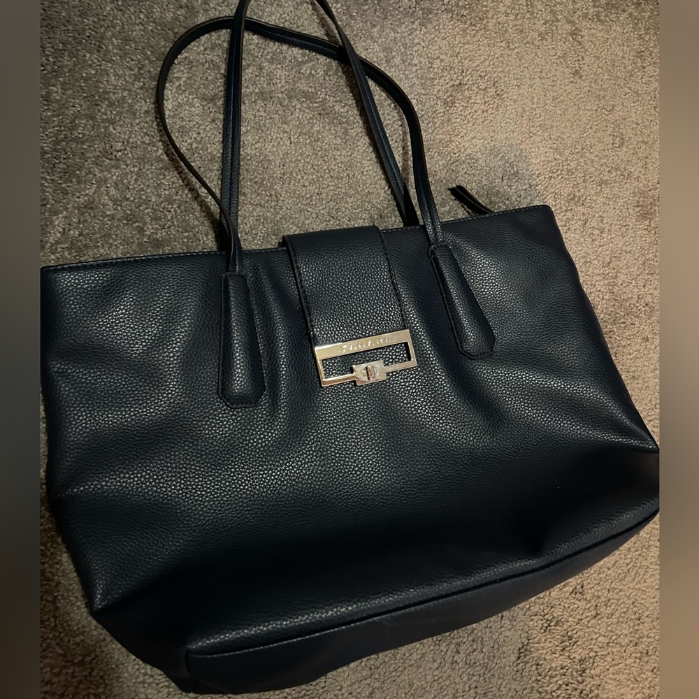 TAHARI Gambler Navy Blue Pebble Faux Leather 3 Pockets Inside  Large Tote Bag